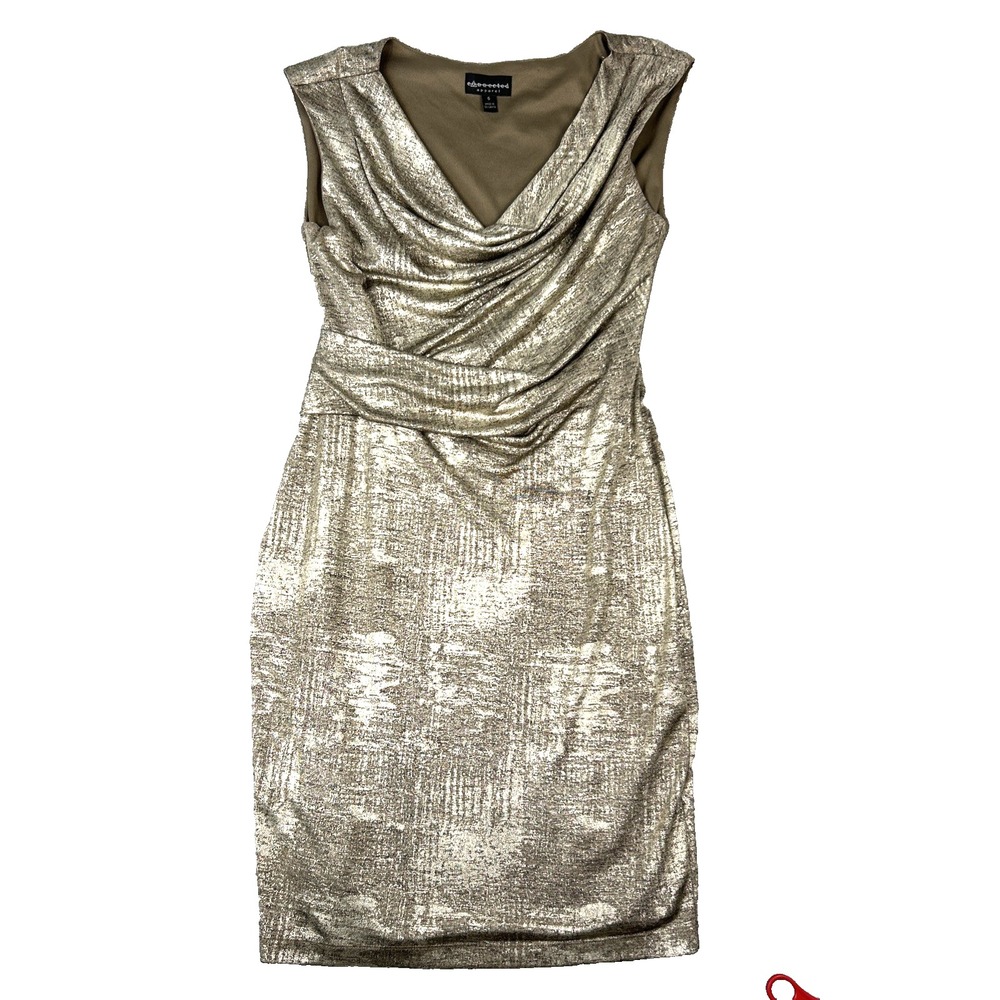 Connected Apparel Lisa Dress 6 Metallic Gold Cowl Drape Midi Stretch Ruched Sexy